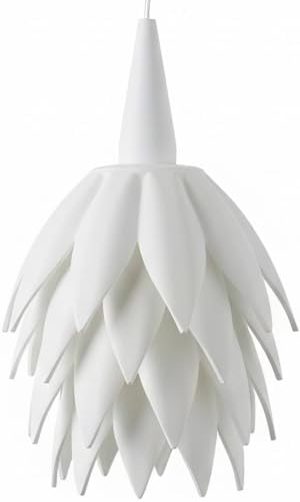Weiße Pendelleuchte mit blütenähnlichem, schuppenförmigem Design.