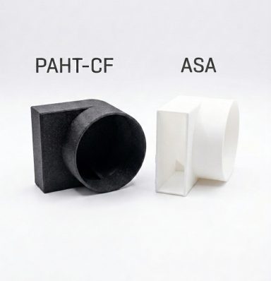Zwei 3D-gedruckte Teile: ein schwarzes PAHT-CF und ein weißes ASA.