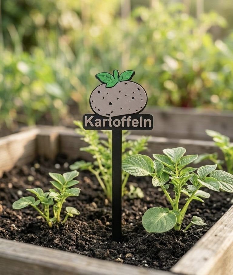 Schild mit der Aufschrift „Kartoffeln“ in einem Gemüsebeet mit kleinen Kartoffelpflanzen.