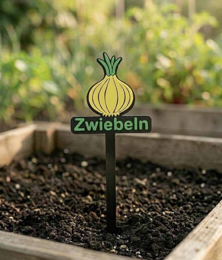 Schild mit der Aufschrift "Zwiebeln" in einem Gartenbeet mit lockerer Erde.