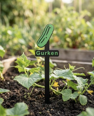 Ein Schild mit der Aufschrift „Gurken“ und einer Gurkenillustration in einem Garten.