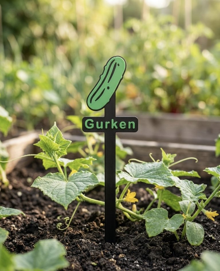 Schilder mit der Aufschrift „Gurken“ und einem Gurkensymbol in einem Gartenbeet.