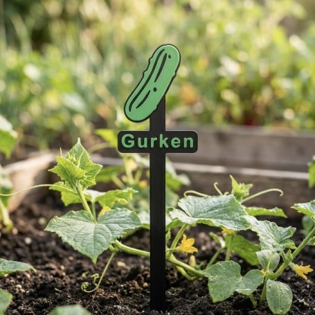 Ein Pflanzenmarker im Garten mit dem Schriftzug "Gurken" und einem Gurkensymbol.