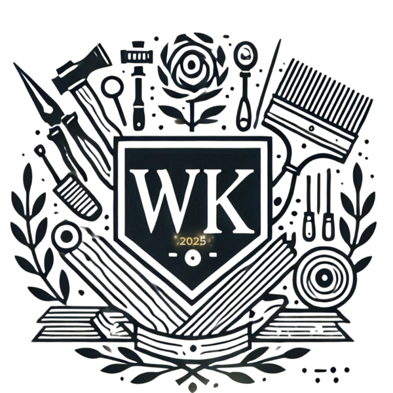 Logo mit Werkzeugen und einer Rose, umrahmt von zwei Lorbeerzweigen.