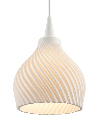 Hängelampe mit spiralförmigem Design und warmem Licht.