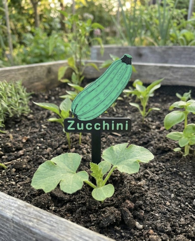 Zucchini-Pflanze mit Beschilderung in einem Gartenbeet.