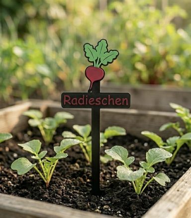 Ein Schild mit der Aufschrift "Radieschen" in einem Gemüsegarten mit Radieschenpflanzen.