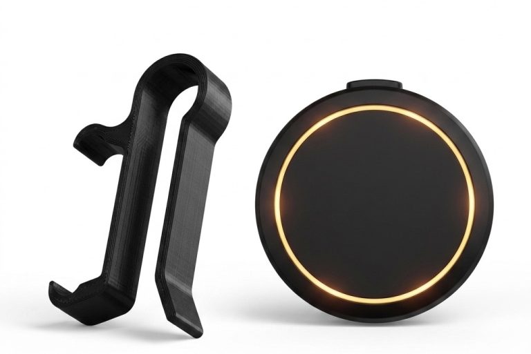 Schwarzer runder Sensor mit orangefarbener Umrandung und einer Halterung.