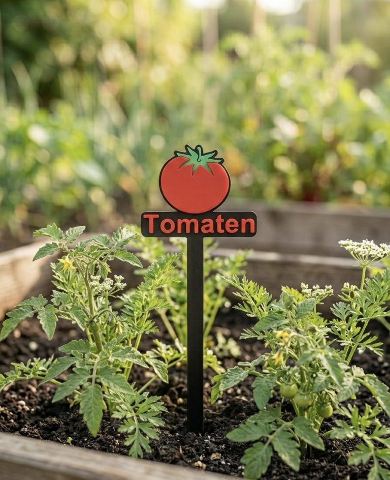 Schilder mit roter Tomate und der Aufschrift "Tomaten" in einem Gartenbeet.