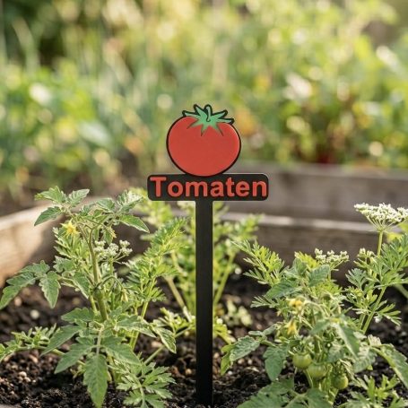 Ein schwarzes Schild mit roter Tomate und der Beschriftung "Tomaten" im Garten.