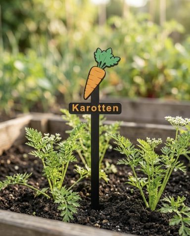 Schild für Karotten mit einer Karottenillustration in einem Gartenbeet.