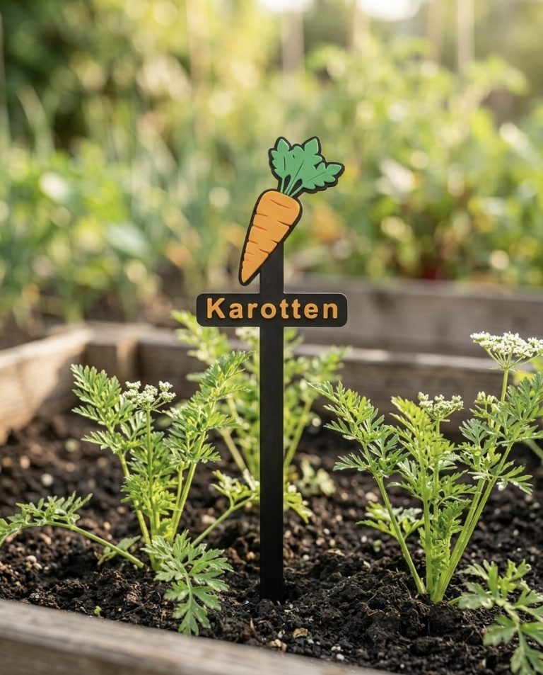 Schild mit der Aufschrift „Karotten“ neben Karottensetzlingen im Garten.