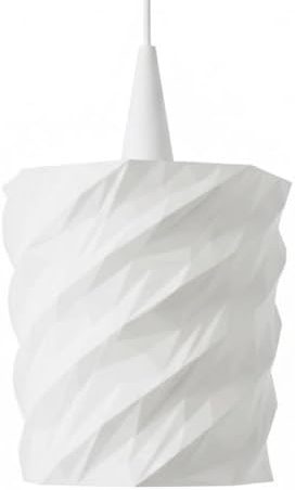Hängelampe mit gewundener, weißer Oberfläche und schmaler Spitze.