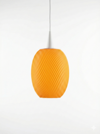 Orange Pendelleuchte mit einer strukturierten Oberfläche und modernem Design.