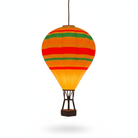 Bunte Heißluftballonlaterne mit orange-roten und grünen Streifen.