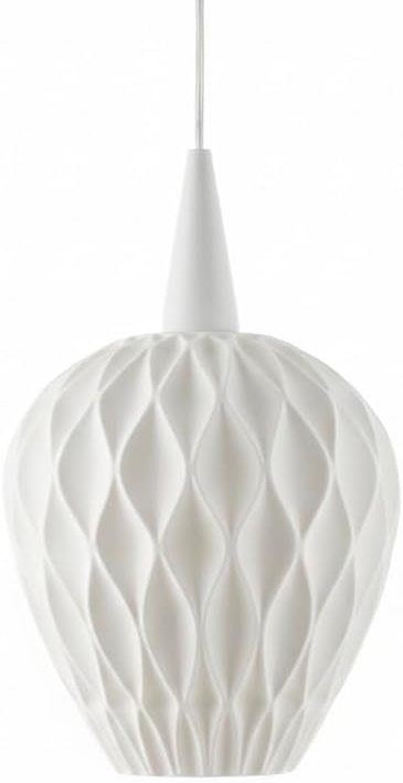 Weißer Pendelleuchte mit gewellter Oberfläche und spitzem oberen Ende.